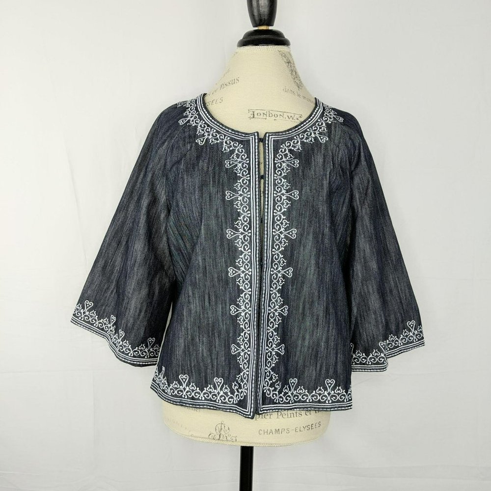 Victor Costa Occasion Ink Blue Chambray Embroidered Jacket EUC Sz Medium